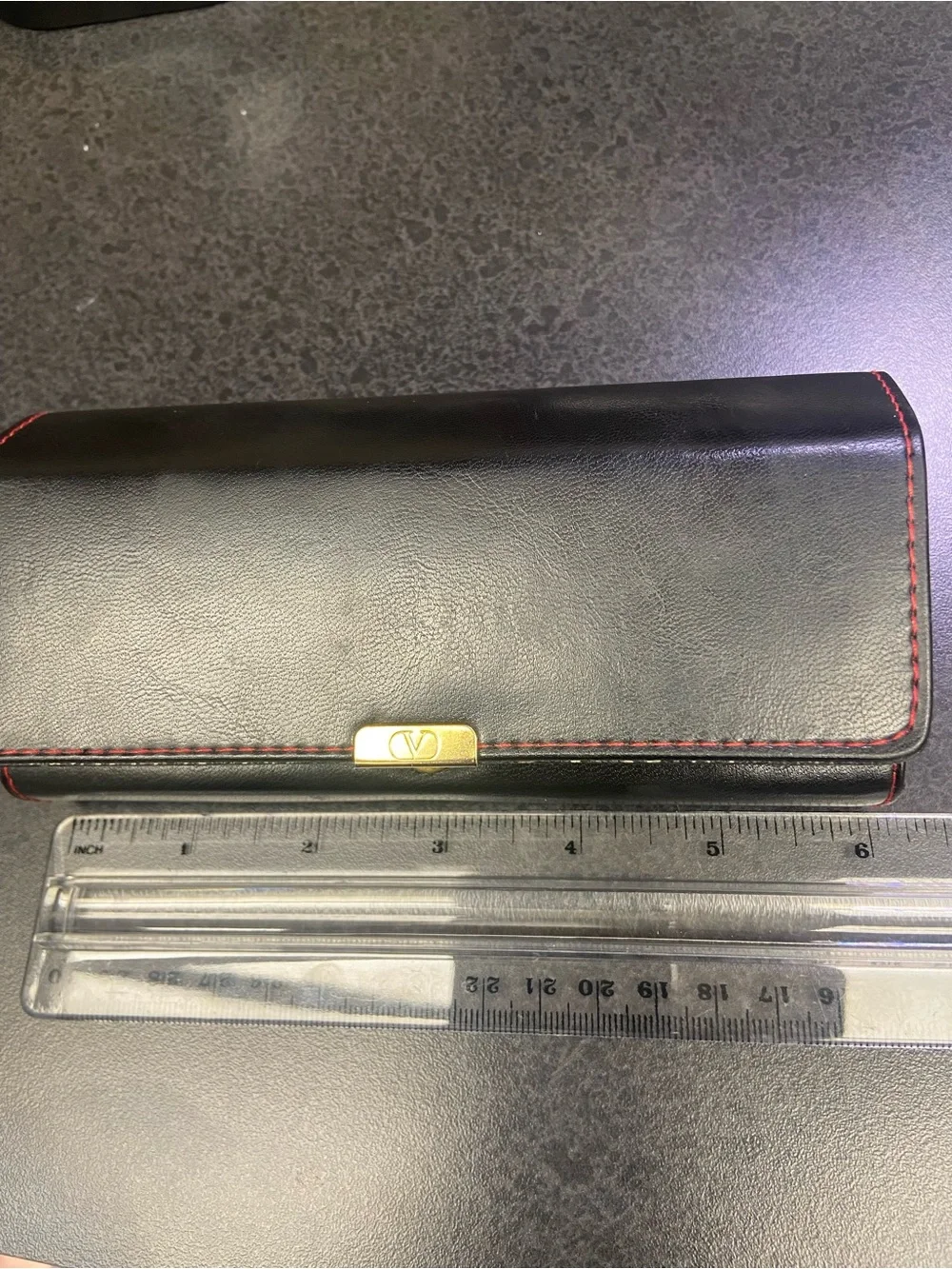 Valentino Black Leather Sunglasses Case with Red Stitching and Gold Snap